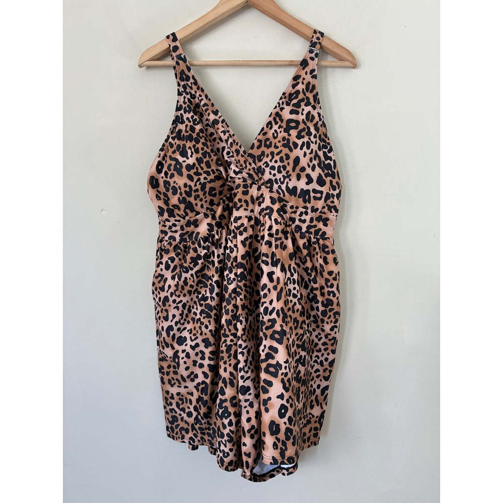 Bloomchic Leopard Print Romper Swim Dress V-Neck One Piece Swimsuit Plus 18-20